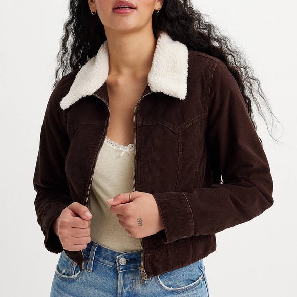 Like-New- Levi's Premium Slim Sherpa Brown Corduroy Trucker Jacket (XS) - Picture 3 of 16